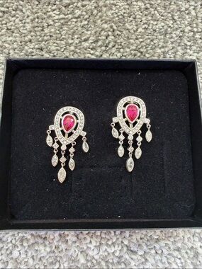 Vintage Susan Lucci Silver-Tone Ruby Teardrop Chandelier Earrings